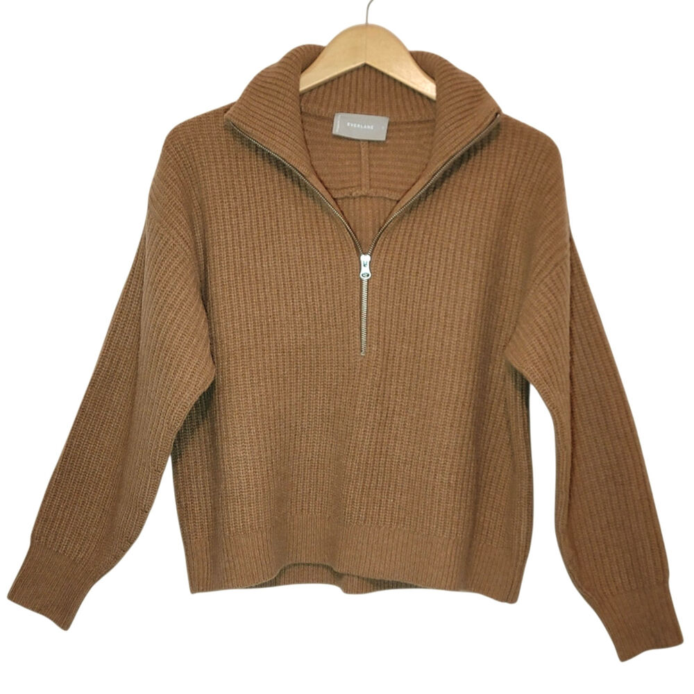 Everlane The Half-Zip Wool Ribbed Knit Sweater Long Sleeve Camel Tan S Classic - Picture 5 of 16